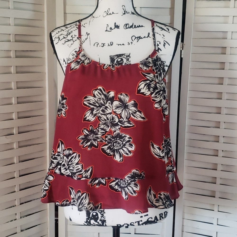 Maeve by Anthropologie Burgundy Floral Shoulder Strap With Ruffle On Back Top 4P
